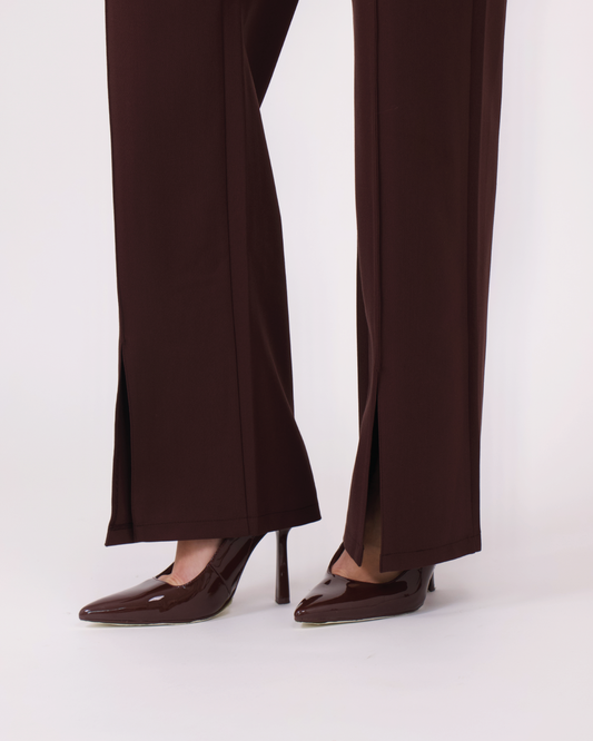 BOLDNSUBTLE fitted tailored trousers in brown with a sleek, sculpted fit and front slit detailing. A contemporary take on statement dressing.