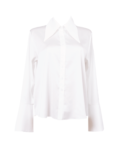 White oversized satin shirt by BOLDNSUBTLE – smooth satin fabric with a draped silhouette, designed for effortless layering.